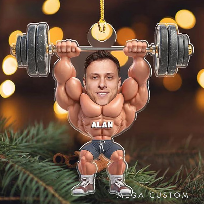 Personalized Gym Photo Funny Ornament Fitness Christmas Ornament Dumbbell Fitness Keepsake Xmas Tree Hanging Decoration for Gym Lovers