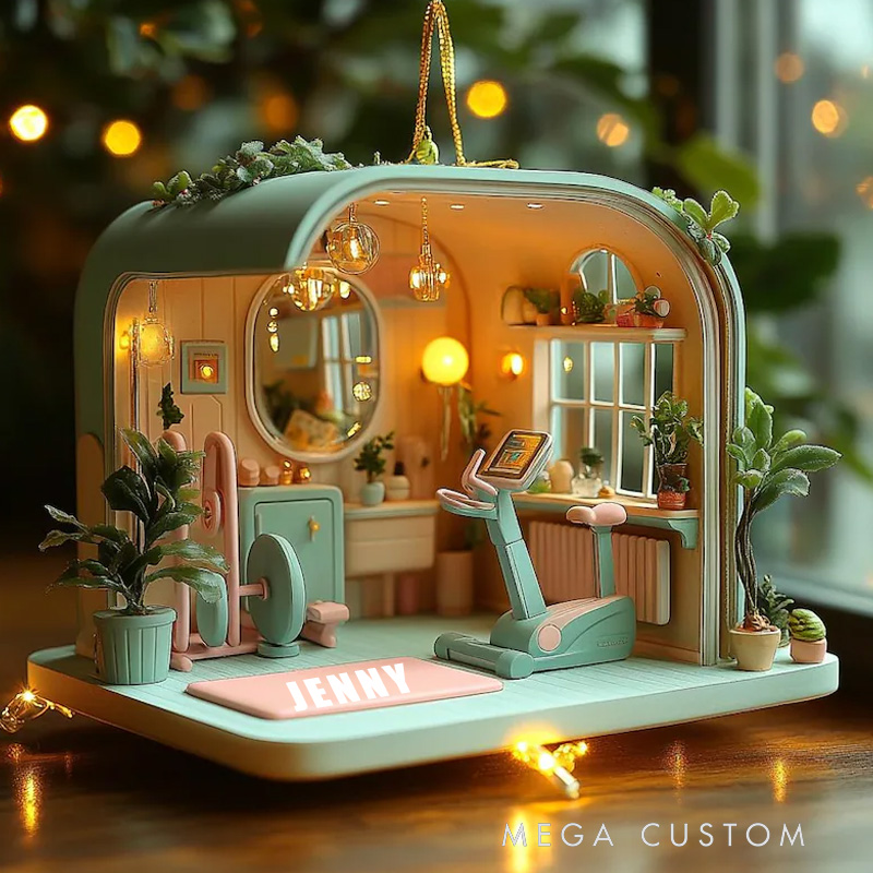 Personalized Miniature Home Gym Diorama Ornament Cozy Workout Room Christmas Decor With Plants And Lights for Gym Lovers