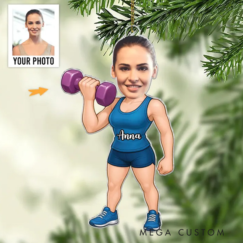 Personalized Fitness Ornament 2D Flat Custom Face Gym Ornament Gift for Women Girls Workout Christmas Ornament for Gym Lovers