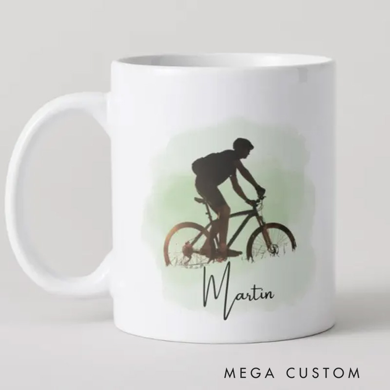 Personalized Cyclist Mug Mountain Bike Silhouette Custom Name for Biker Cycling Riding Lovers