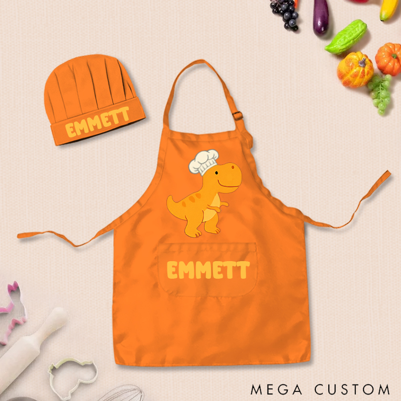 Personalized Cartoon Dinosaur Adjustable Kid Apron Chef Hat Set with Pocket and Name for Cooking Baking Birthday Holiday Gift for Kids