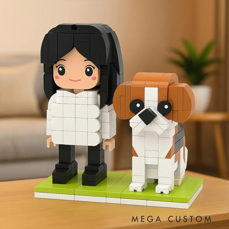 Personalized Custom Human & Cat Brick Figure Set - Personalized 2-Piece Minifigure Building Blocks, Custom Photo Pet & Owner Gift