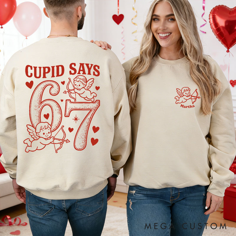 Personalized Girlfriend Wife Cupid Days 67 Retro Love Sweatshirt with Name Couple Funny 6 7 Number Meme Matching Valentines Day Sweatshirt for Her Him