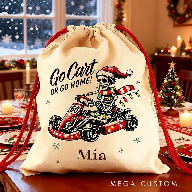 Personalized Racing Skull Gift Sack Custom Name Go Cart or Go Home Design Gift Bag Unique Christmas Bag