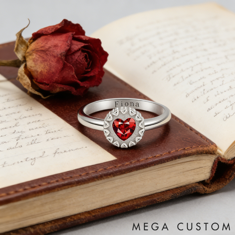 Personalized Blooming Heart Birthstone Ring with Custom Engraving – Elegant and Unique Sterling Silver Jewelry for Meaningful Gifts