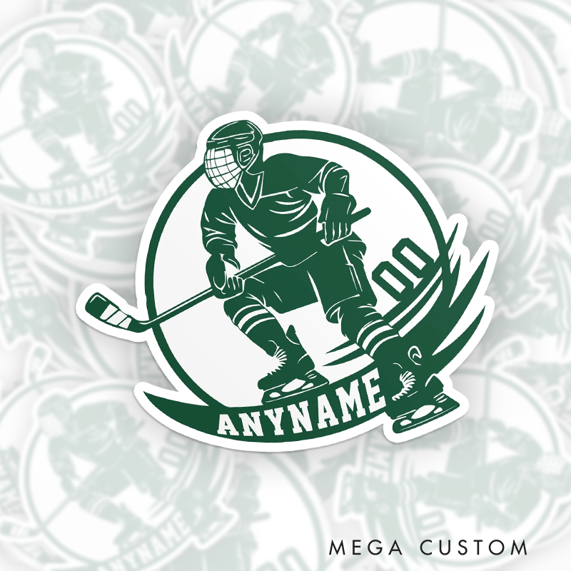 Personalized Ice Hockey Sticker Showcasing Skater Action and Custom Name and Number