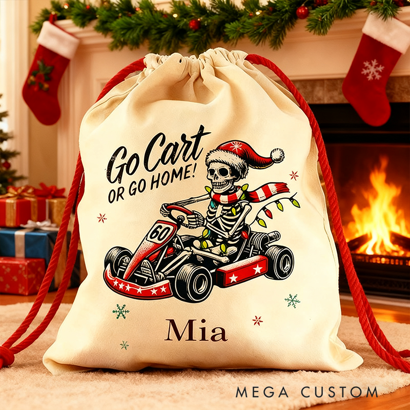 Personalized Racing Skull Gift Sack Custom Name Go Cart or Go Home Design Gift Bag Unique Christmas Bag