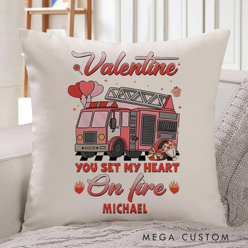 Personalized Firefighter Pillow Valentine You Set My Heart on Fire Design Appreciation Gift for Firemen