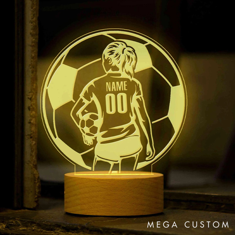 Personalized Soccer Player LED Night Light with Custom Name and Number for Girl Gift