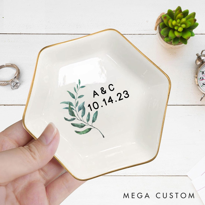 Personalized Elegant Watercolor Fern Leaves with Initials and Date Wedding Engagement Gold-Trimmed Hexagon Ring Dish