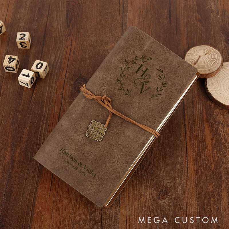 Personalized Laurel Branches with Initials and Date Wedding Couple Leather Journals