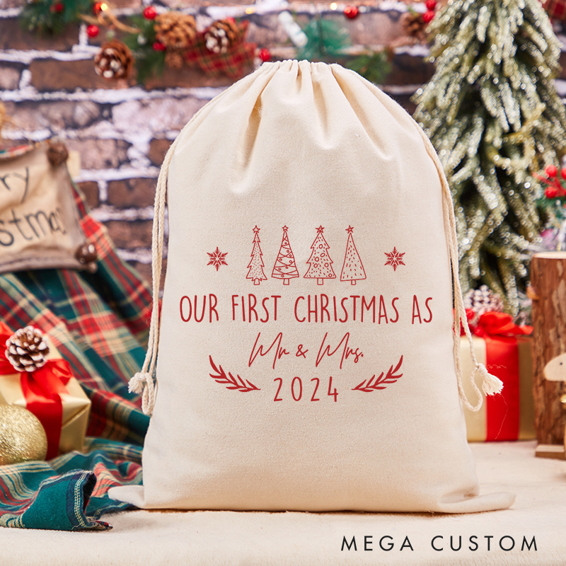 Personalized Our First Christmas As Mr and Mrs Santa Sack Christmas Storage Bag for Couple