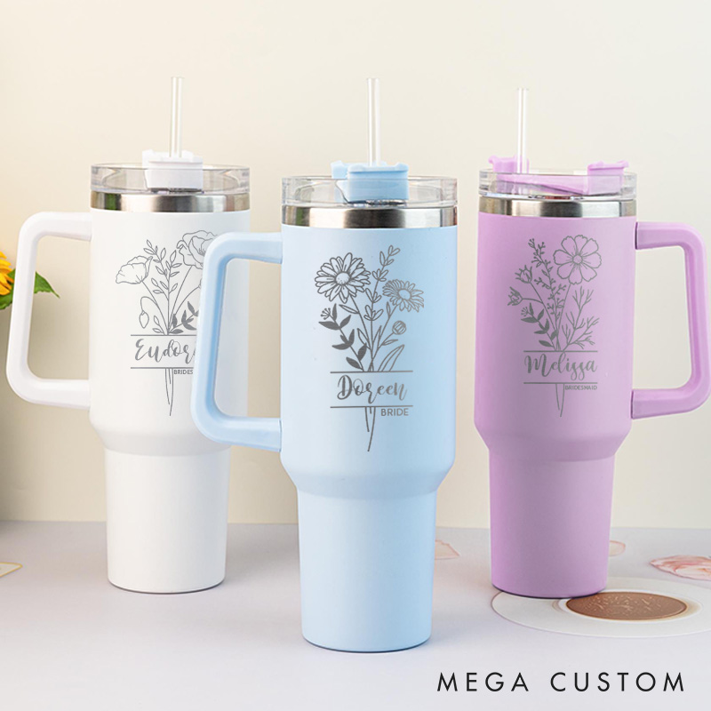 Personalized Bridesmaid Birth Flower 40oz Tumbler Maid of Honor Month Flower Tumbler with Lid and Straw Bachelorette Party Tumbler Bridal Shower Mug