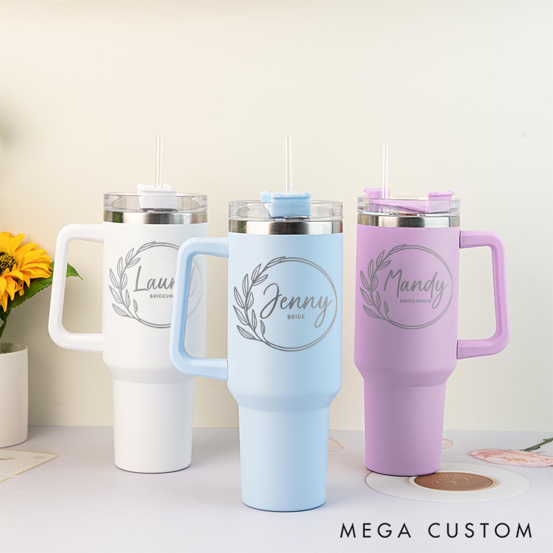 Personalized Bridesmaid Round Wreath 40oz Tumbler Maid of Honor Tumbler with Lid and Straw Bride Bachelorette Party Gift Bridal Shower Tumbler