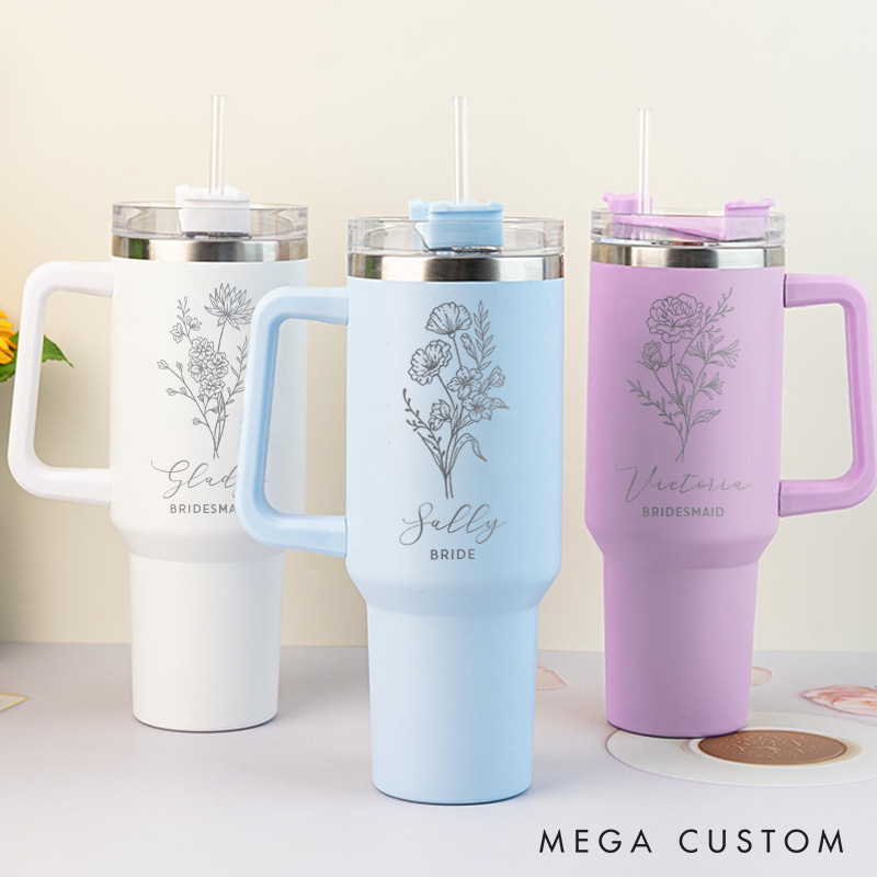Personalized Stylish Bridesmaid Birth Flower 40oz Tumbler Bride Month Flower Tumbler with Lid and Straw Maid of Honor Bachelorette Party Gift for Her