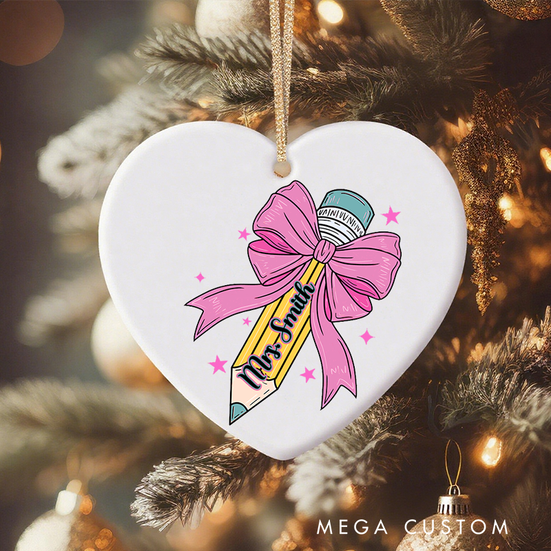 Personalized Teacher Christmas Ornament Cute Pink Bow Pencil Teacher Appreciation Ornament Gift