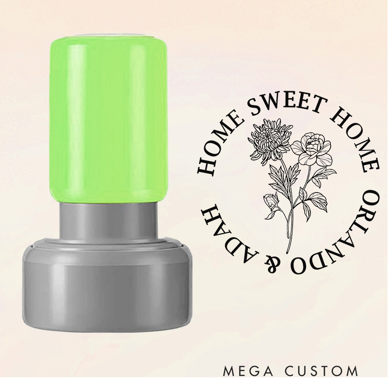 Personalized Round Housewarming Stamp Home Sweet Home Design November Birth Flower Chrysanthemum Custom Names Decorative Stamp for New Homeowners Gift