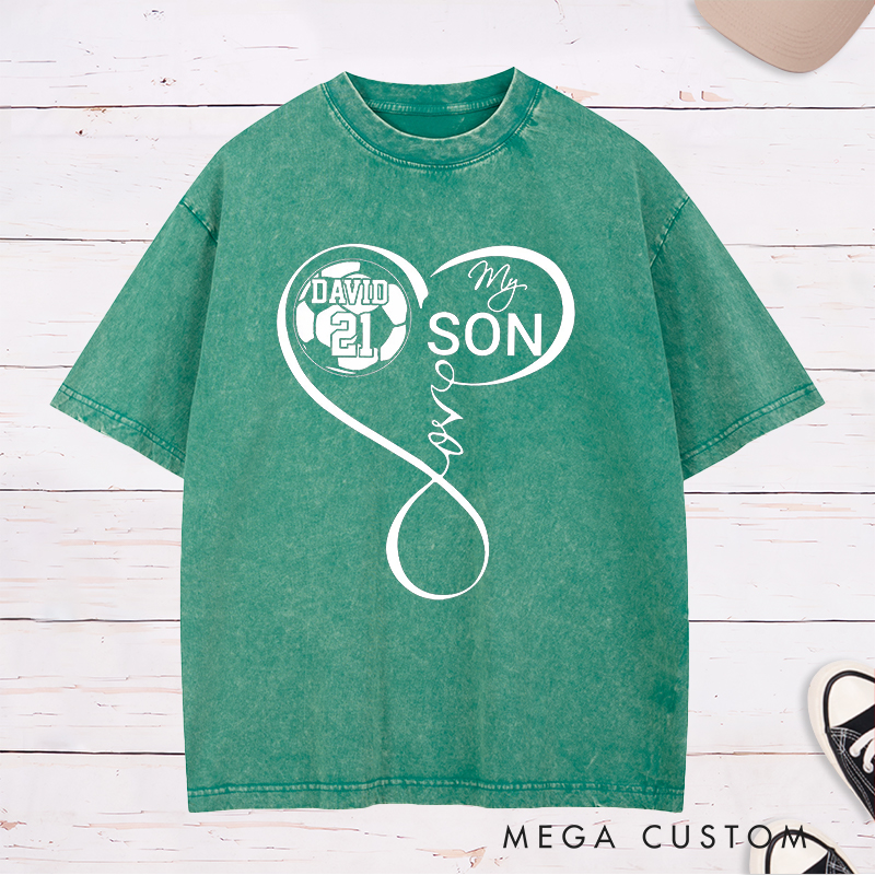 Personalized "My Son" Soccer Washed T-Shirt with Heart Design and Custom Name and Number