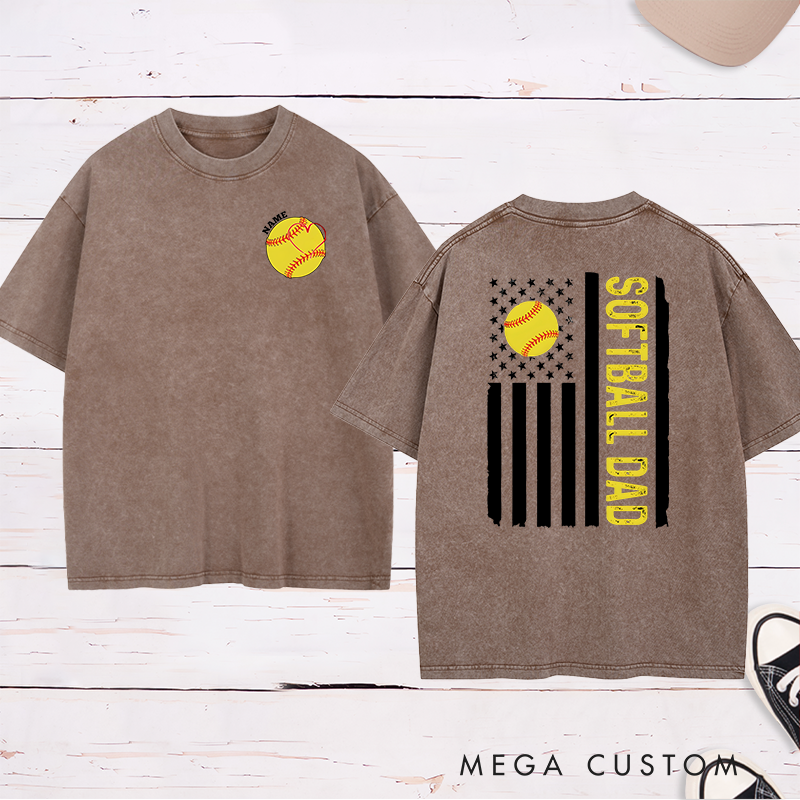 Personalized Softball Dad Washed T-Shirt with Custom Name and Number Patriotic Design Perfect Gift for Proud Softball Dads