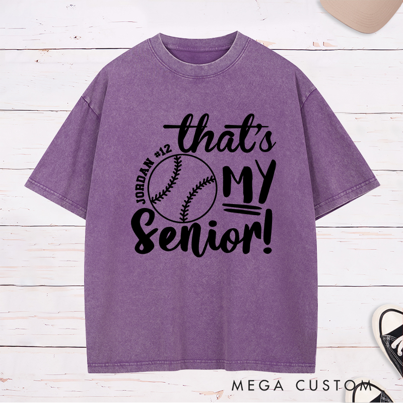 Personalized Senior Softball Spirit Washed T-Shirt Design Perfect for School Teams Featuring Custom Name Number and Bold Text with a Softball Graphic