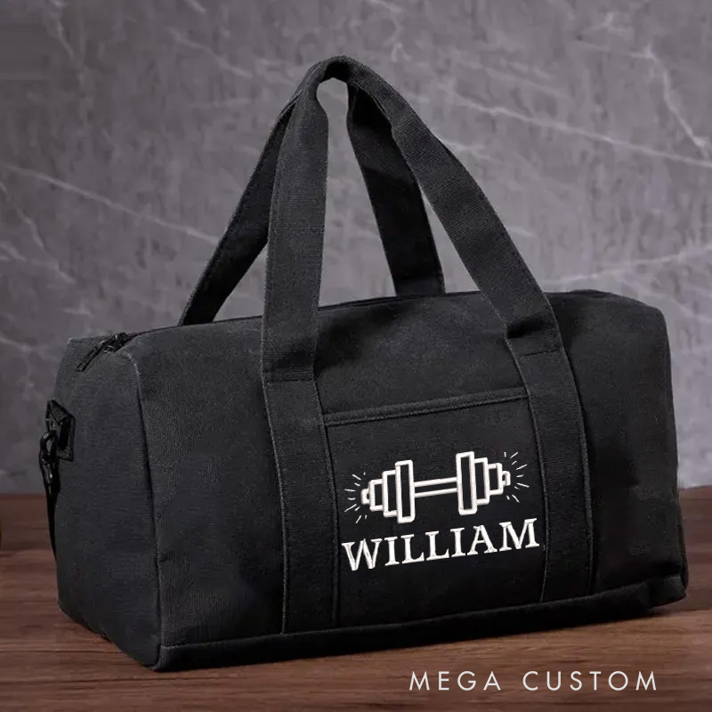 Personalized Embroidery Gym Canvas Duffle Bag Gear Bag Custom Name and Dumbbell Design for Fitness Enthusiast