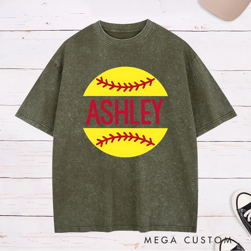 Personalized Softball Washed T-Shirt Design Featuring Custom Name Bold Text and Bright Softball Graphic