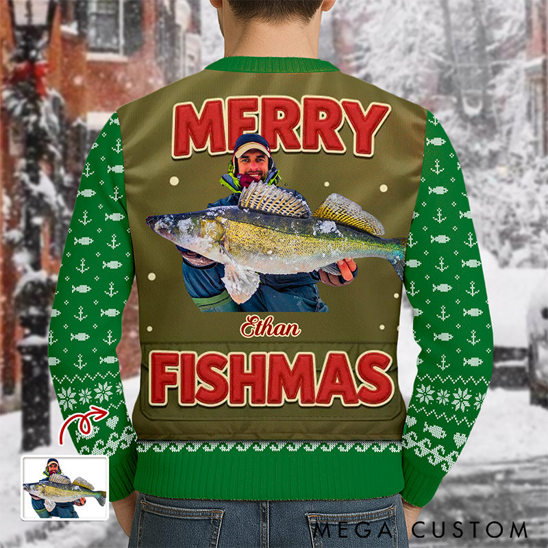 Personalized Merry Fishmas Ugly Sweater Christmas Ugly Sweater Custom Fishing Photo Design Funny Holiday Gift for Fishing Lovers