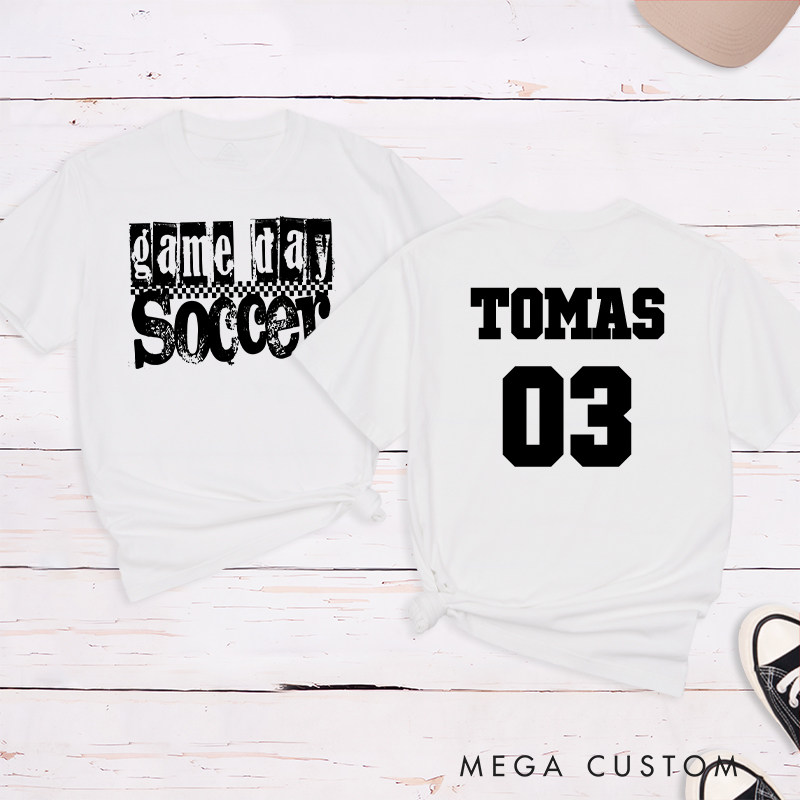 Personalized Game Day Soccer T-Shirt with Grunge Checkerboard Design and Custom Name and Number