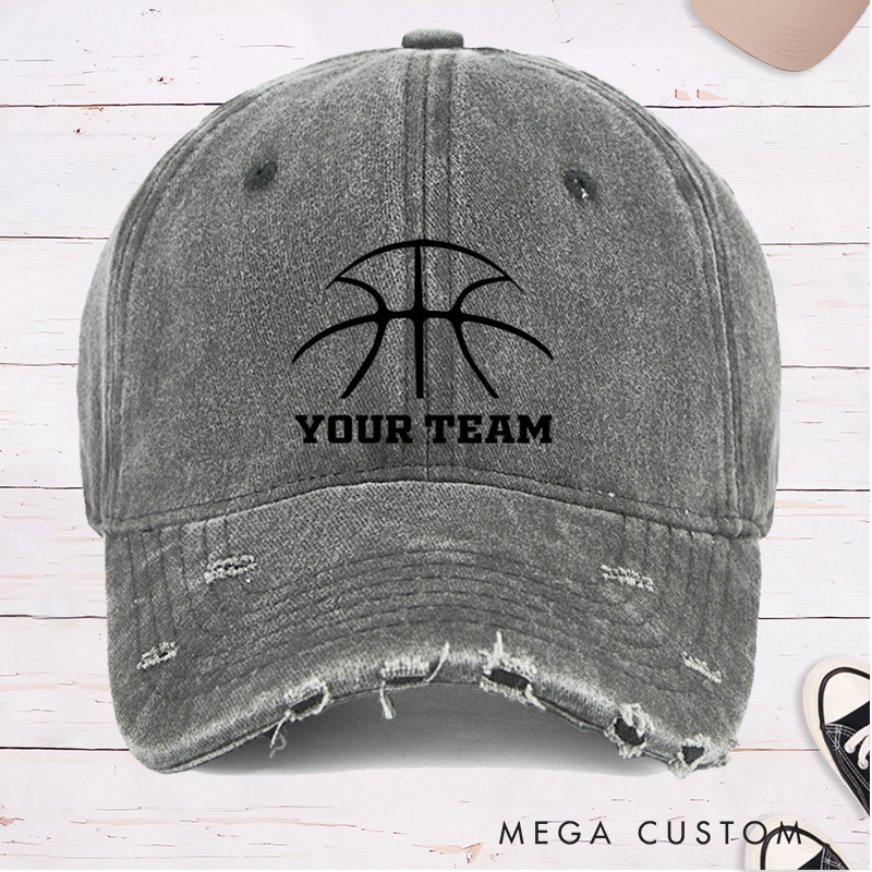 Personalized Distressed Denim Basketball Cap with Custom Team Name and Minimalist Basketball Design