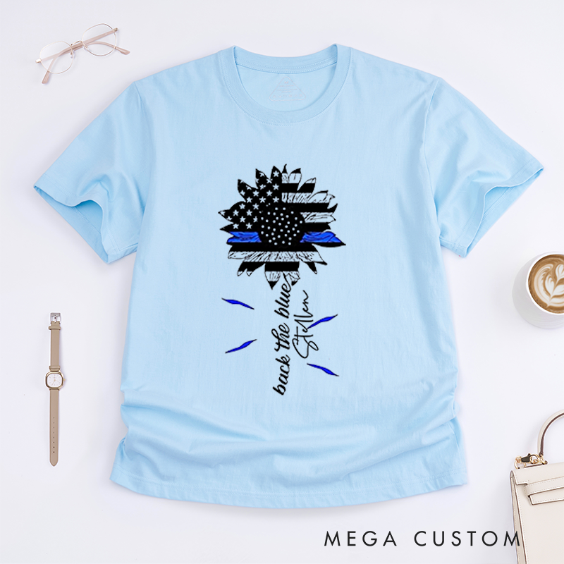 Personalized Back the Blue Sunflower American Flag Police Support Design Gift for Policewoman Police Officer T-Shirt