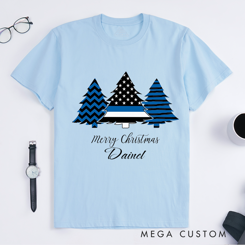 Personalized Police Merry Christmas Thin Blue Line Police Holiday Custom Design Gift for Police Officer T-Shirt