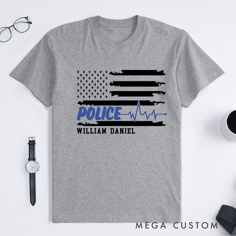 Personalized Police Thin Blue Line Flag with Heartbeat Custom Design Gift for Police Officer T-Shirt
