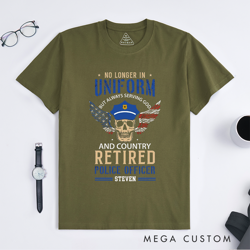 Personalized Retired Police Officer T-Shirt with Patriotic Skull and Wings Design Gift for Police Officer T-Shirt