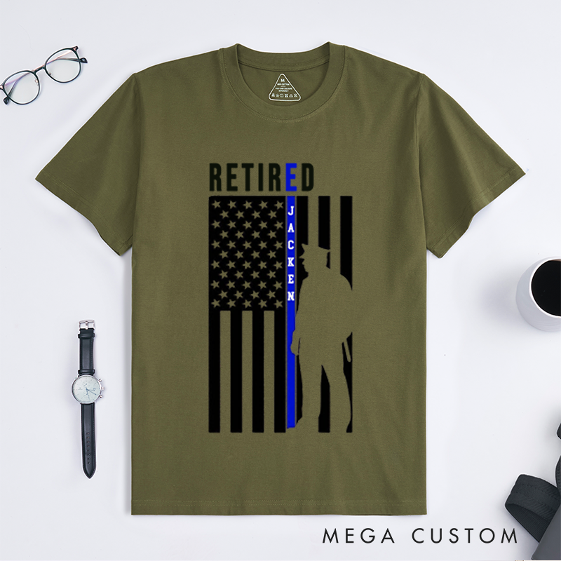 Personalized Retired Police Officer T-Shirt with Thin Blue Line Flag and Silhouette Design Gift for Police Officer T-Shirt