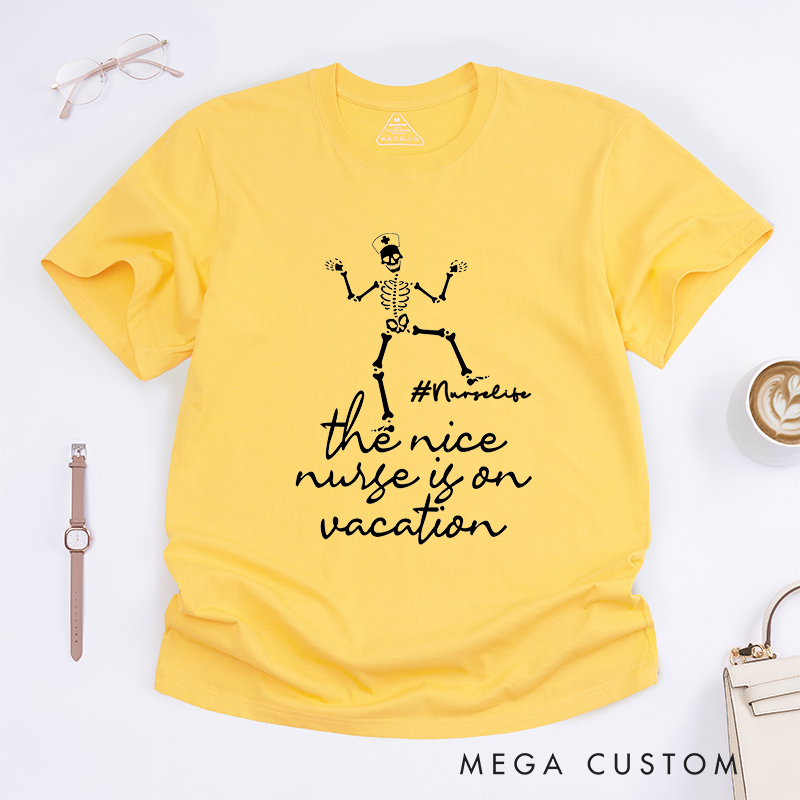 Personalized Playful Nursing T-Shirt with Skeleton and Vacation-Themed Design Gift for Nurse