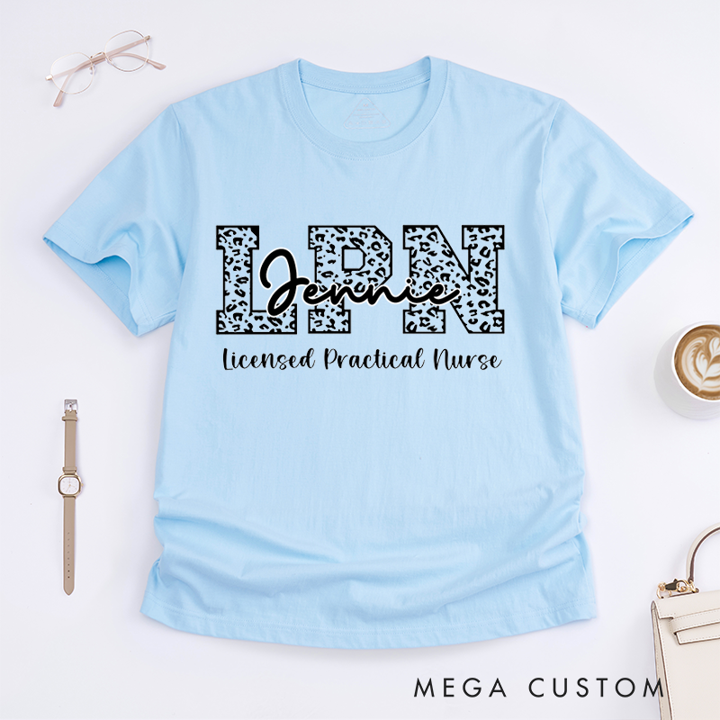Personalized Trendy LPN T-Shirt with Leopard Print "LPN" and Personalized Typography Design Gift for Nurse