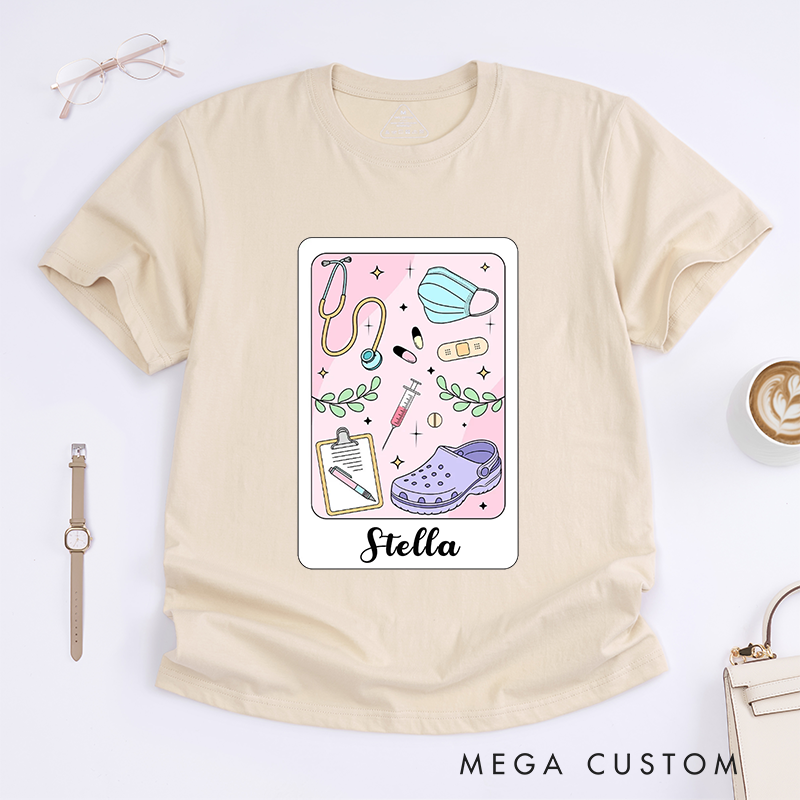 Personalized Pastel Nurse T-Shirt with Cute Medical Icons and Personalized Design Gift for Nurse