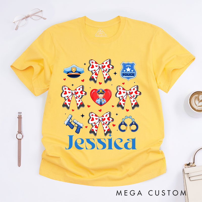 Personalized Police Themed Bow and Badge Design Gift for Wife Policewoman Police Officer T-Shirt