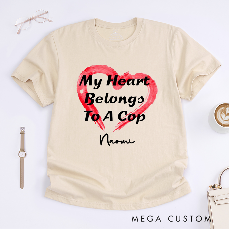 Personalized Police My Heart Belongs to a Cop Design Gift for Wife Police Officer T-Shirt