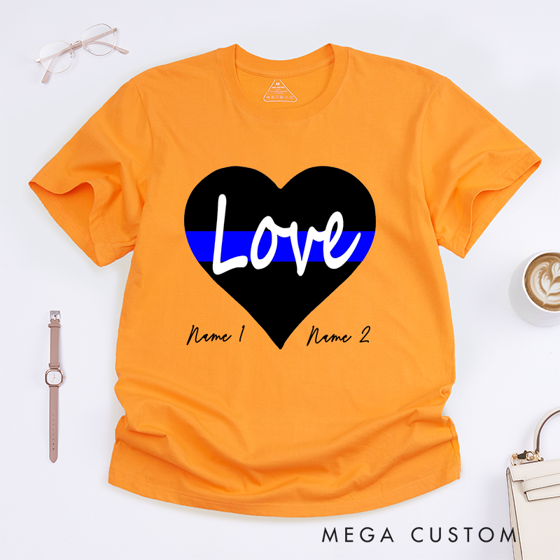 Personalized Police Love with Thin Blue Line Heart Design Gift for Wife Police Officer T-Shirt