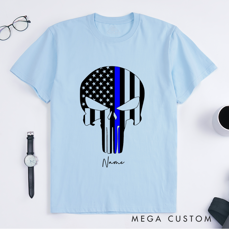 Personalized Thin Blue Line Punisher Skull Design Gift for Police Officer T-Shirt