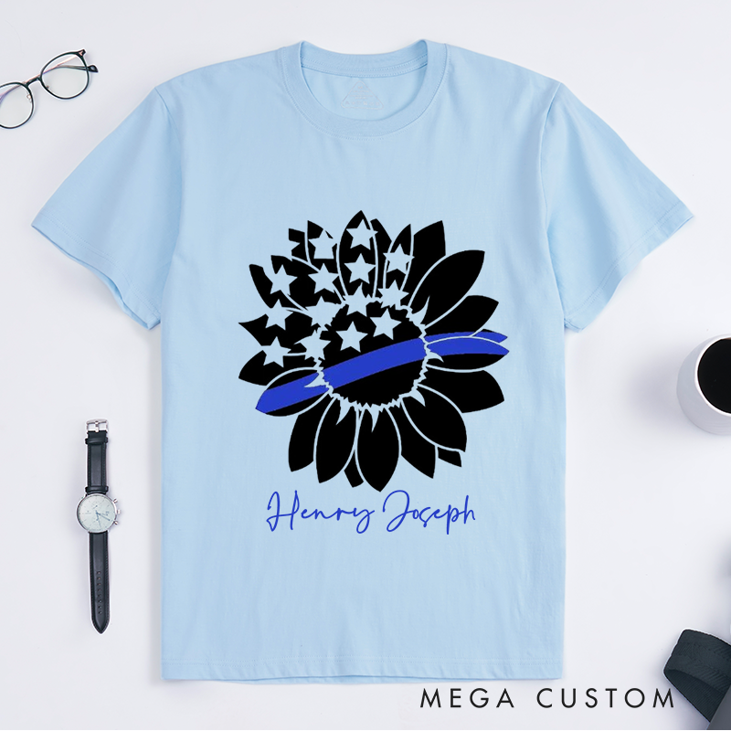 Personalized Police Thin Blue Line Sunflower Design Gift for Police Officer T-Shirt