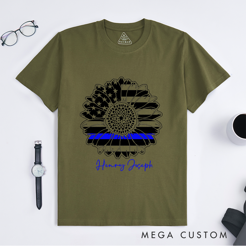 Personalized Police Thin Blue Line Flower Design Gift for Police Officer T-Shirt