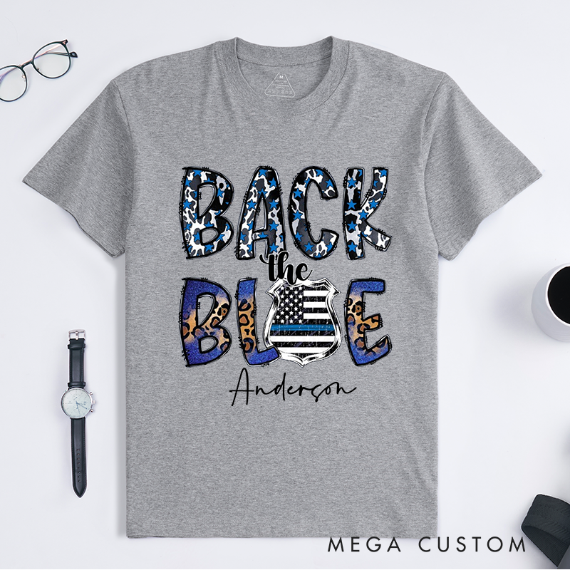 Personalized Police Leopard Print Back the Blue Design Gift for Police Officer T-Shirt
