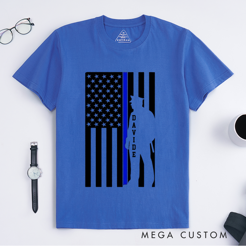 Personalized Flag Thin Blue Line Police Tribute Design Gift for Policewoman Police Officer T-Shirt