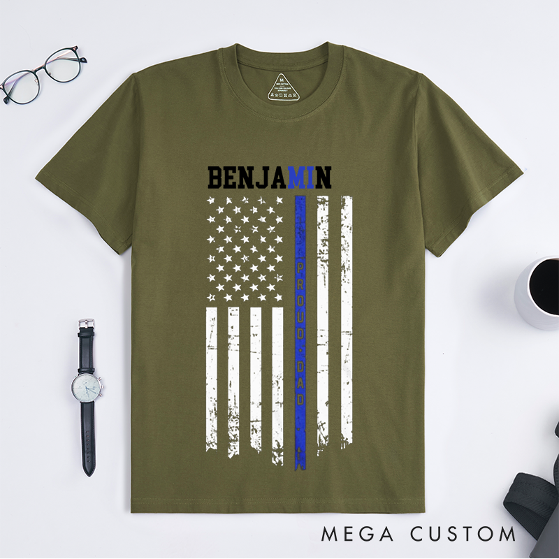 Personalized Proud Dad Thin Blue Line Design Gift for Policewoman Police Officer T-Shirt