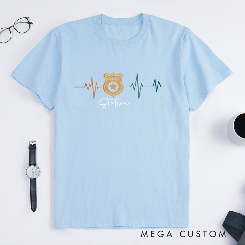 PersonalizedPolice Badge Heartbeat Design Gift for Police Officer T-Shirt