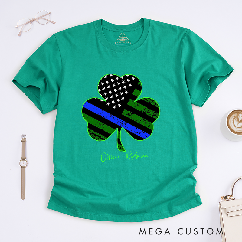Personalized Thin Blue Line Shamrock Police Design Gift for Policewoman Police Officer T-Shirt