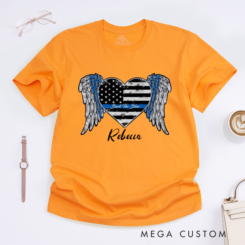 Personalized Police Thin Blue Line Heart with Wings Design Gift for Policewoman Police Officer T-Shirt