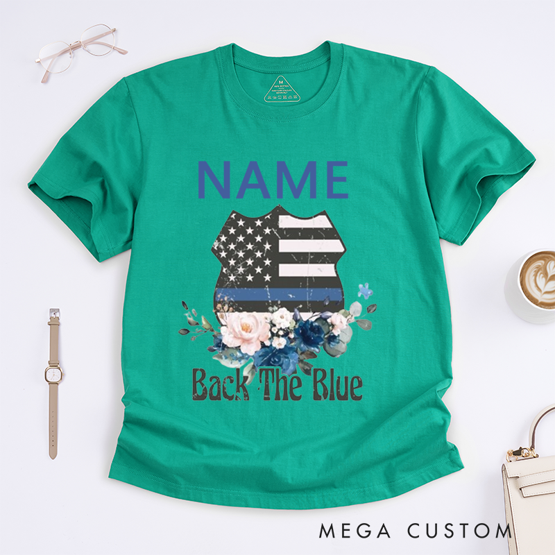 Personalized Back the Blue Floral Vest Design Design Gift for Policewoman Police Officer T-Shirt
